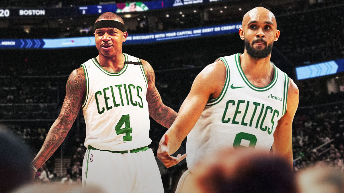 Derrick White looking hyped next to Isaiah Thomas (Celtics jersey) on a Celtics background