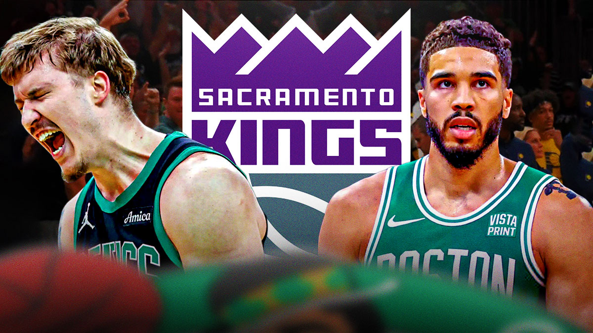 Baylor Scheierman looking hyped next to a serious/disappointed Jayson Tatum on a Sacramento background