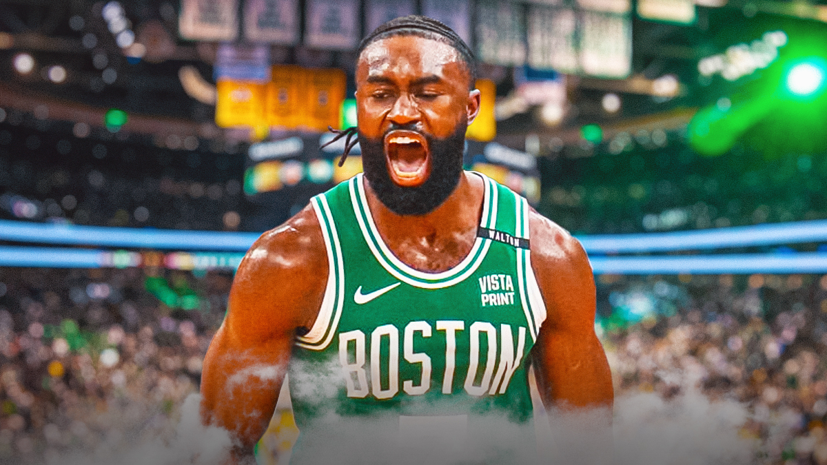 Jaylen Brown looking hyped on a Boston background. Jaylen Brown 2024-25 Celtics