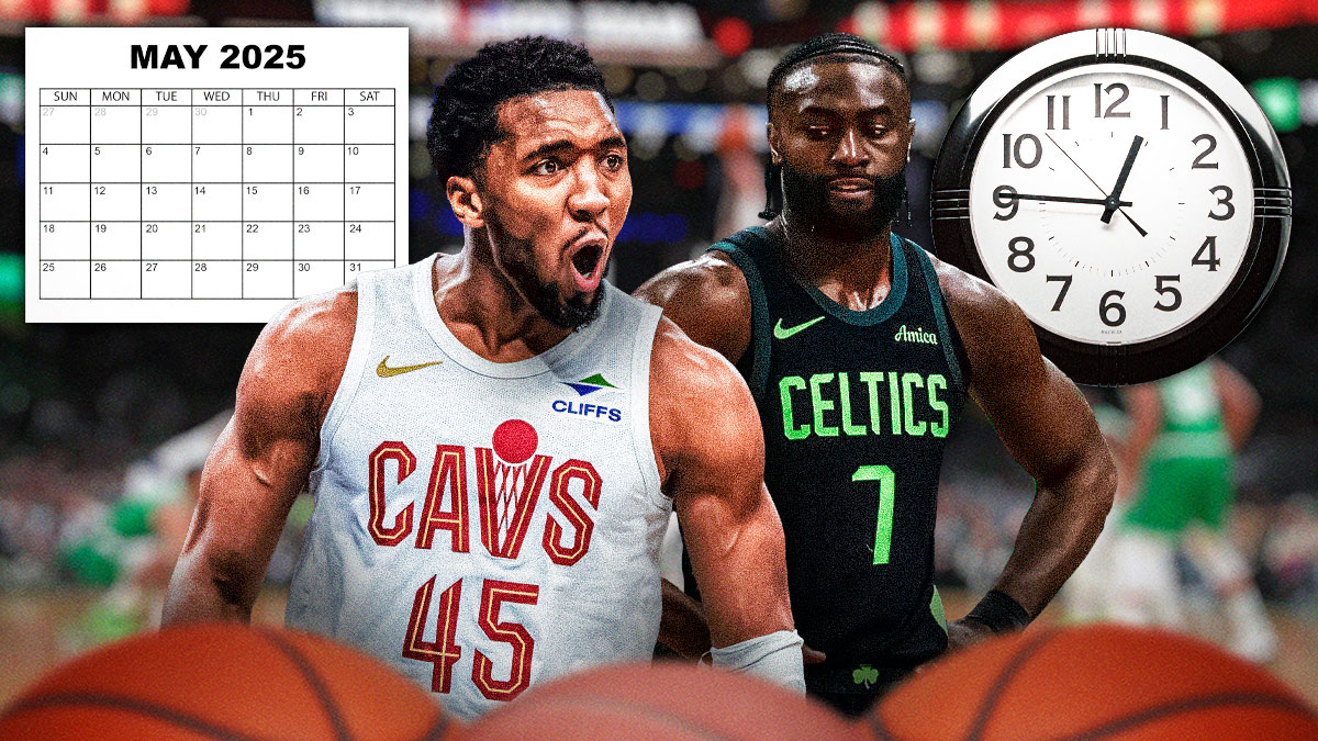 Jaylen Brown looking sad with Donovan Mitchell looking hyped next to him. In the background, there's a calendar that says May 2025 and a clock in the image. Also, there's a background of the Celtics home arena.