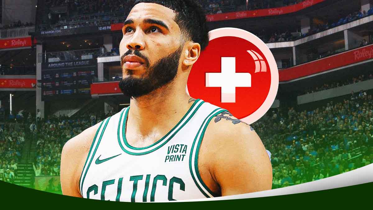 Boston Celtics forward Jayson Tatum angry/hurt/in pain in center, health/injury sign on right side, Golden1 Center (home arena of the Sacramento Kings) in background