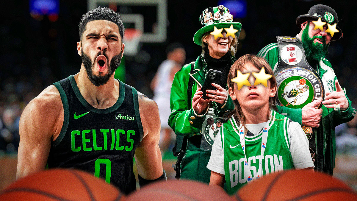 Jayson Tatum on one side, a bunch of Boston Celtics fans on the other side with stars in their eyes