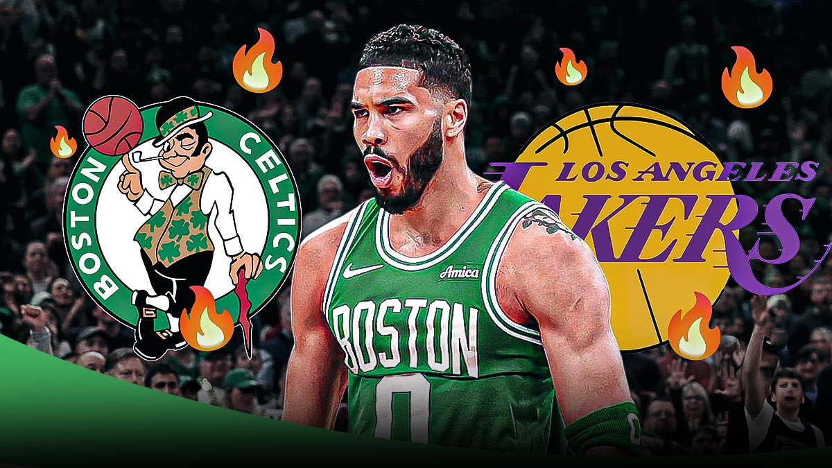 Jayson Tatum, Celtics and LA Lakers logos, fire symbols