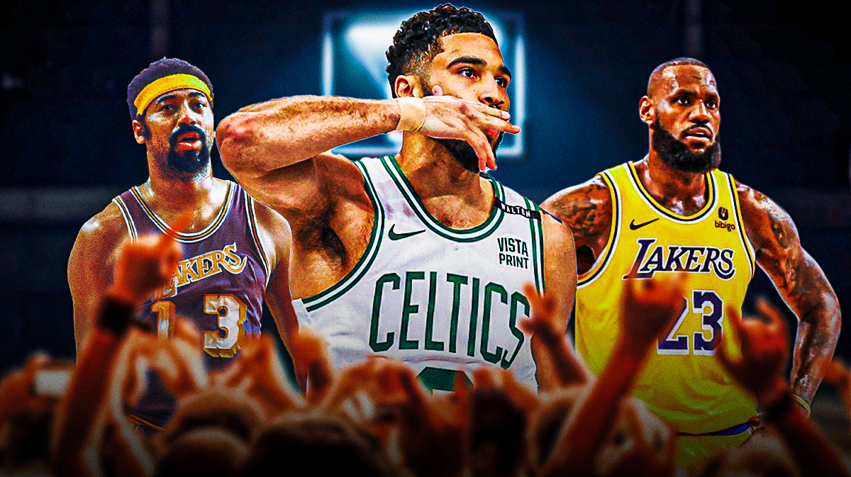 Celtics' Jayson Tatum in the middle with LeBron James on one side, Wilt Chamberlain on the other