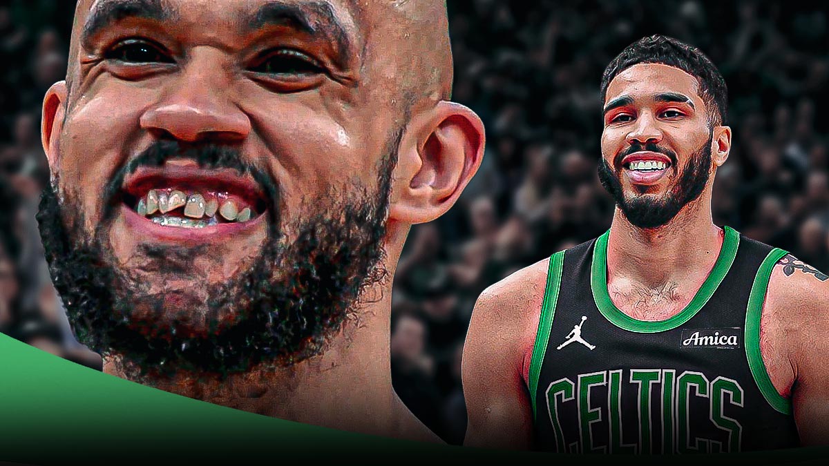 Celtics image idea: Jayson Tatum smiling next to Derrick white, who's missing a tooth,