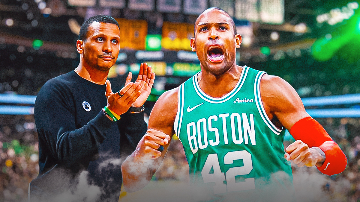 Al Horford looking hyped next to a happy/hyped Joe Mazzulla on a TD Garden or Boston city background
