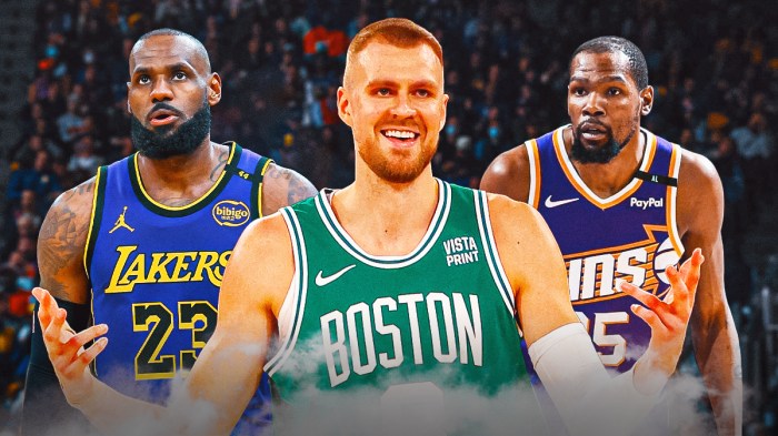 Celtics' Kristaps Porzingis hyped up, with Lakers' LeBron James and Suns' Kevin Durant beside him