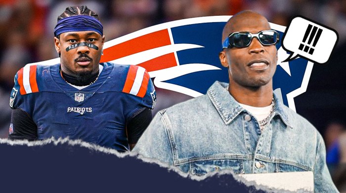 Patriots logo behind modern-day Chad Ochocinco with speech bubble above his head saying next to Stefon Diggs in Patriots jersey.