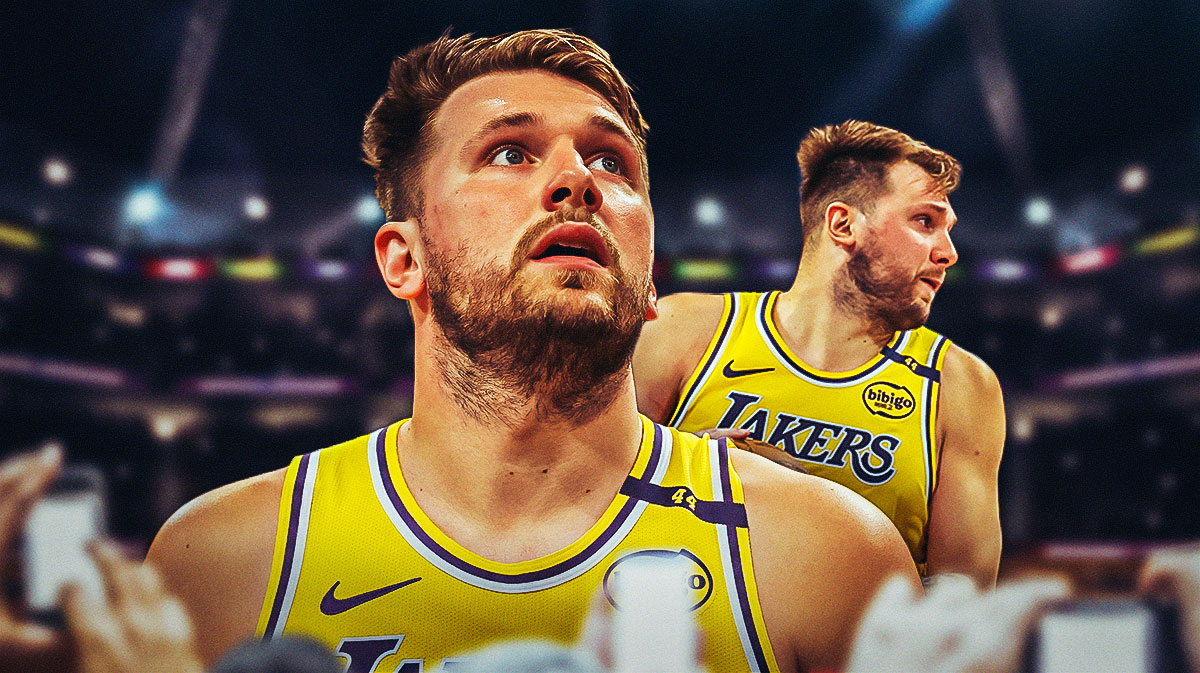 Lakers forward Luka Doncic with NBA officials around him.