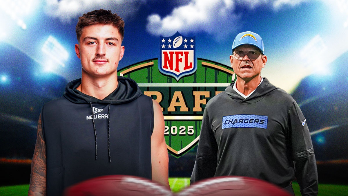 Jim Harbaugh next to Colston Loveland in front of the 2025 NFL Draft logo