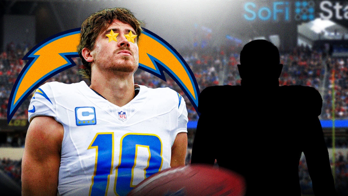 Chargers logo behind quarterback Justin Herbert with stars in his eyes looking at SILHOUETTE of tight end Tyler Conklin, who signed with the team in free agency. Background is SoFi Stadium.