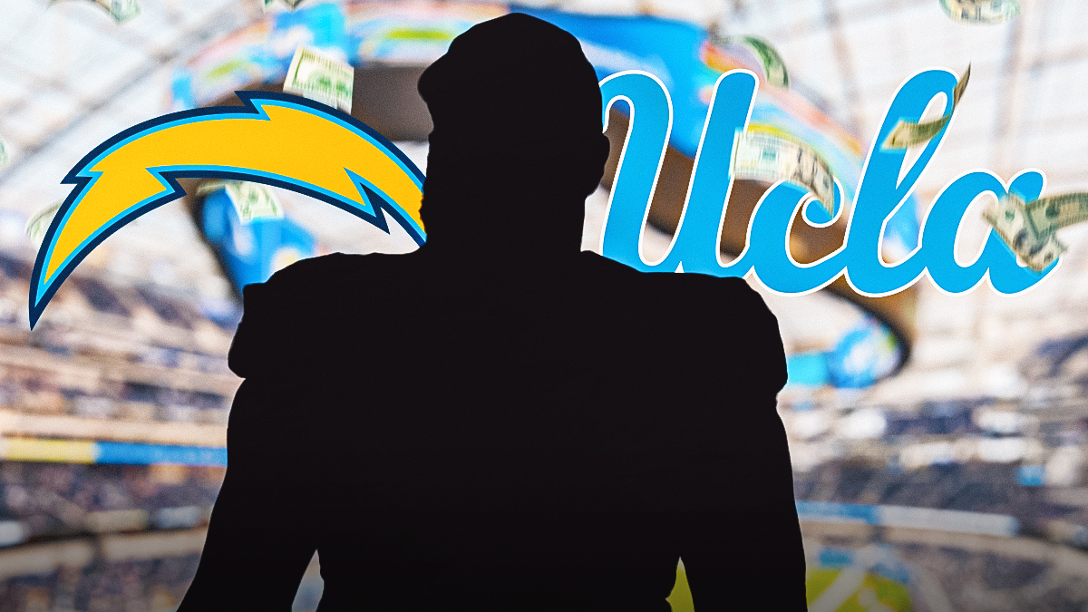 Chargers logo and UCLA logo behind SILHOUETTE of C Andre James. Money falling from sky indicating Chargers free agency. Background is SoFi Stadium.