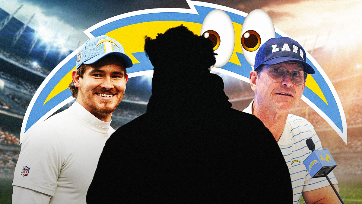 Chargers logo behind SILHOUETTE of free agent Super Bowl champion OL Mekhi Becton. Justin Herbert and Jim Harbaugh next to silhouette smiling big. Multiple 👀 emojis in background. Background is SoFi Stadium.