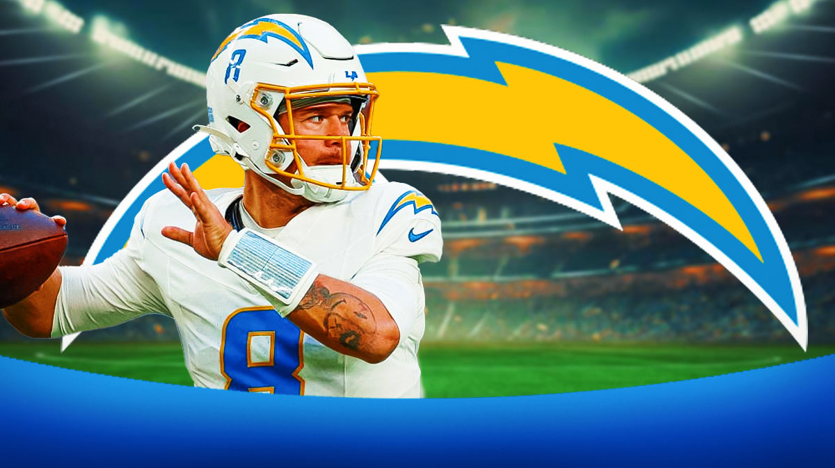 Chargers Taylor Heinicke with Los Angeles Chargers logo in free agency