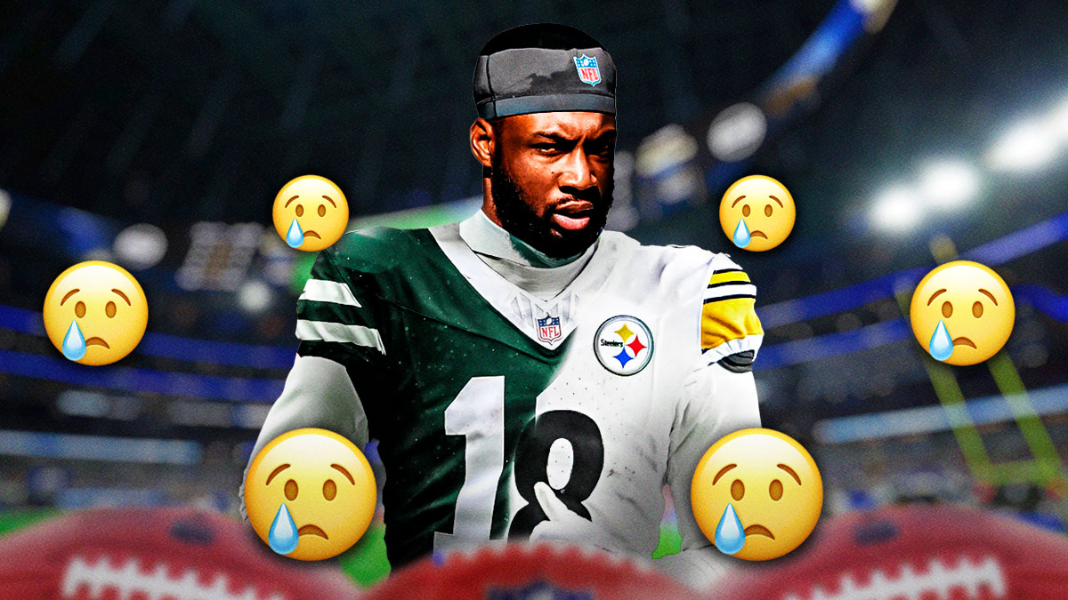 Mike Williams in half a Jets jersey and half a Steelers jersey (from last season) with tear-face emojis all around.