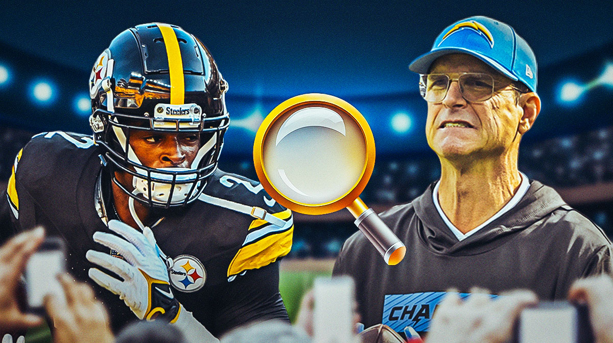 Los Angeles Chargers head coach Jim Harbaugh holding up a magnifying glass to Pittsburgh Steelers running back Najee Harris