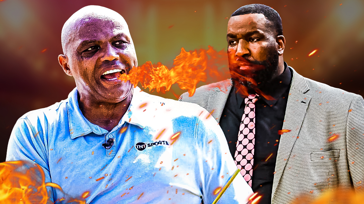 Charles Barkley fire coming out of his mouth directed toward Kendrick Perkins.