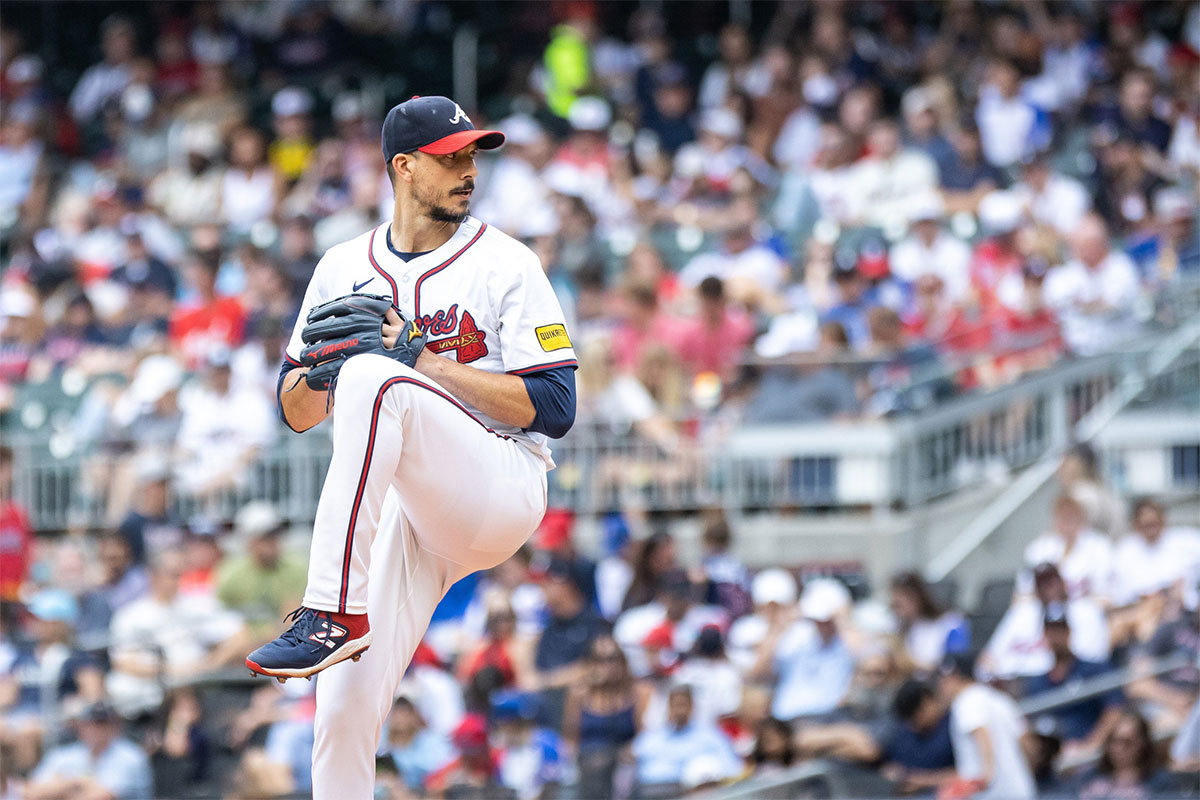 Atlanta Braves pitcher Charlie Morton (50) pitches the ball against the Kansas City Royals during the second inning at Truist Park.