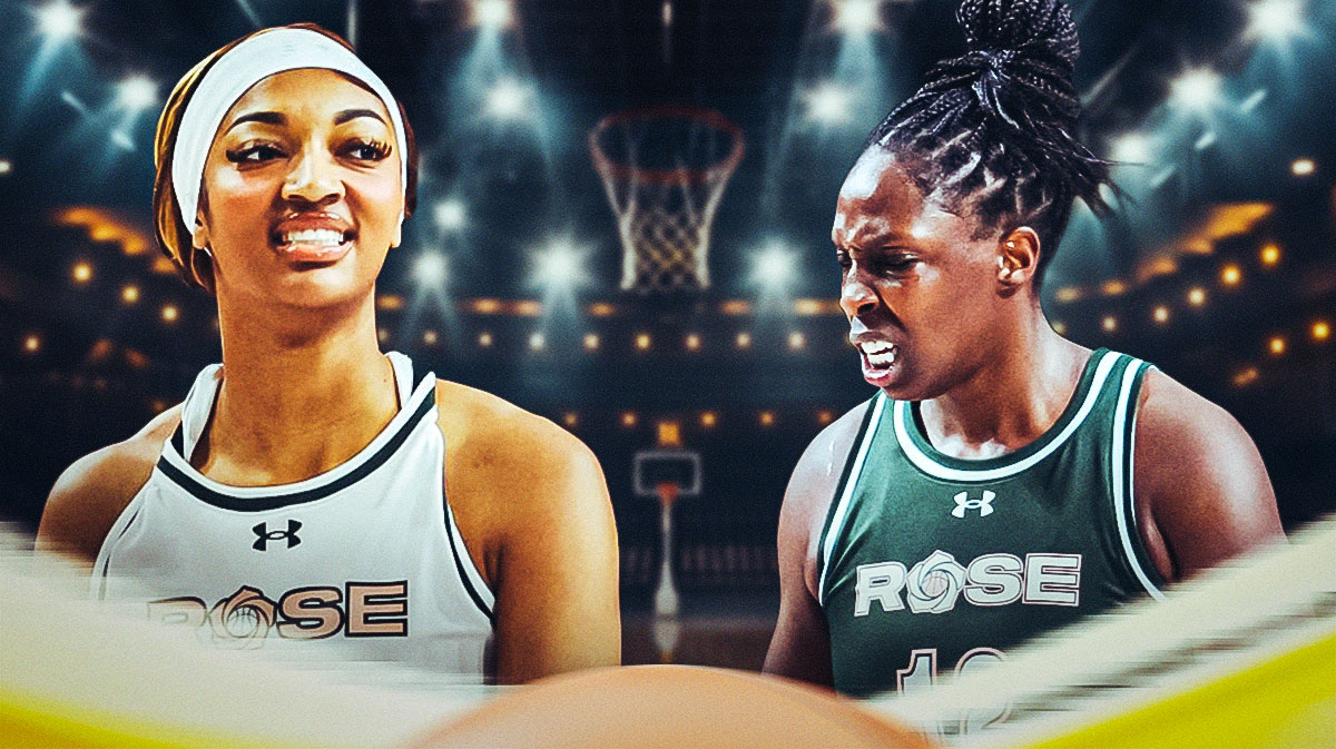Chelsea Gray looking hyped in an Unrivaled jersey, with Sky forward Angel Reese in an Unrivaled jersey.