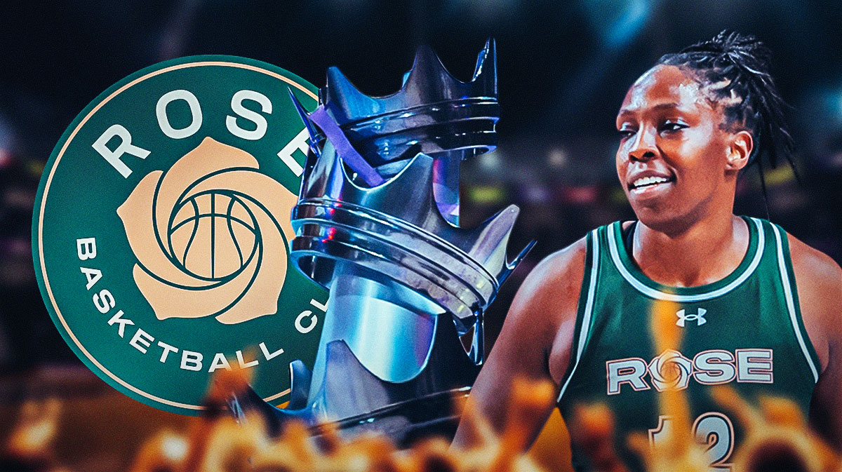 WNBA Las Vegas Aces player Chelsea Gray on a basketball court, with a trophy and the Rose team logo from Unrivaled Basketball league