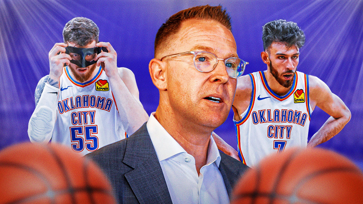 Thunder GM Sam Presti next to Thunder forward Chet Holmgren with Thunder center Isaiah Hartenstein in the background