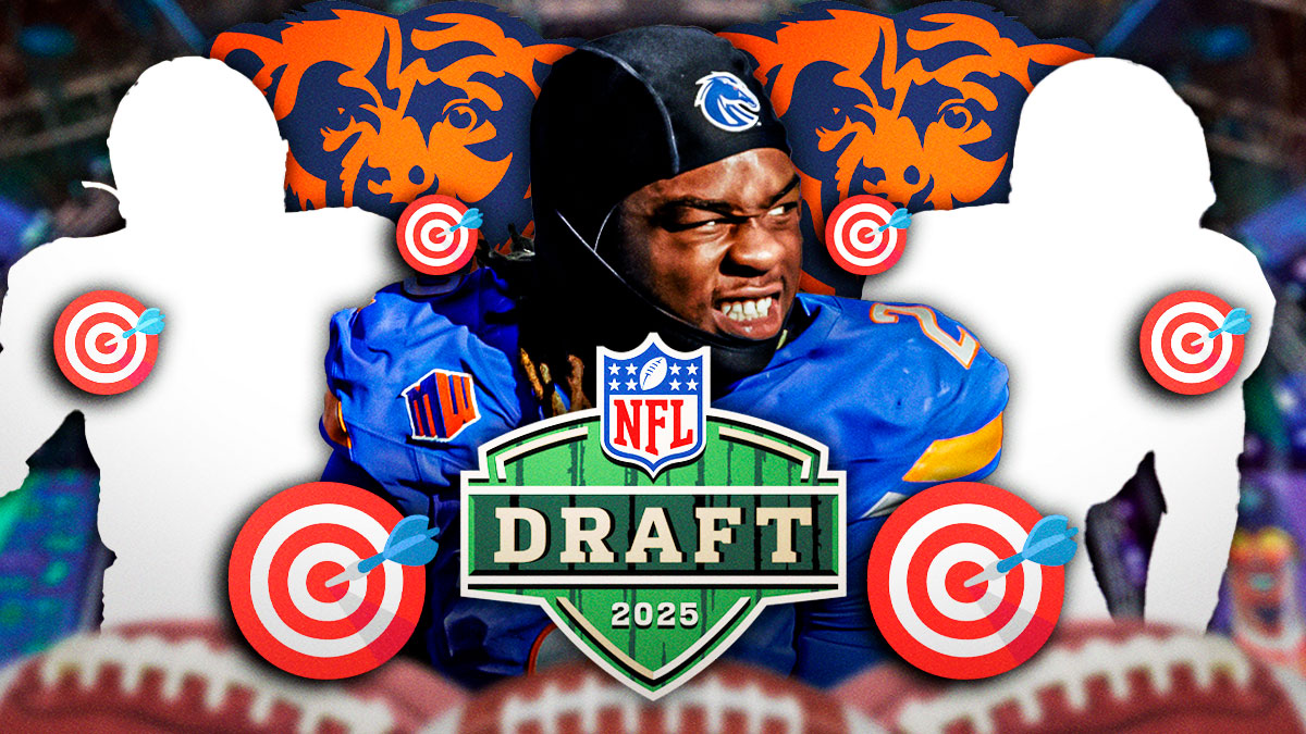 Bears logo behind RB Ashton Jeanty, and SILHOUETTES of LSU OT Will Campbell and Mizzou OT Armand Membou. 2025 NFL Draft logo in foreground. Multiple 🎯 emojis in background. Background is NFL Draft stage.