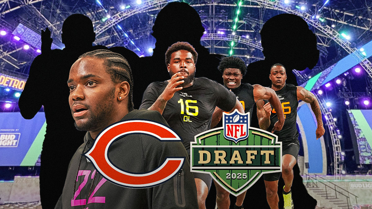 Bears logo behind group of players. SILHOUETTES of Tyler Warren, Landon Jackson, and Malachi Moore. Actual photos of Derrick Harmon, Benjamin Morrison, Brashard Smith, and LaJohntay Wester. 2025 NFL Draft logo in foreground. Background is NFL Draft stage.