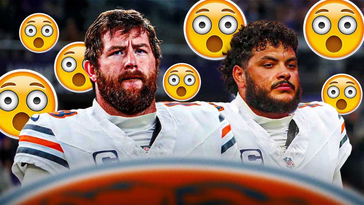 Joe Thuney and Jonah Jackson in Chicago Bears uniforms with a bunch of shocked emojis in the background