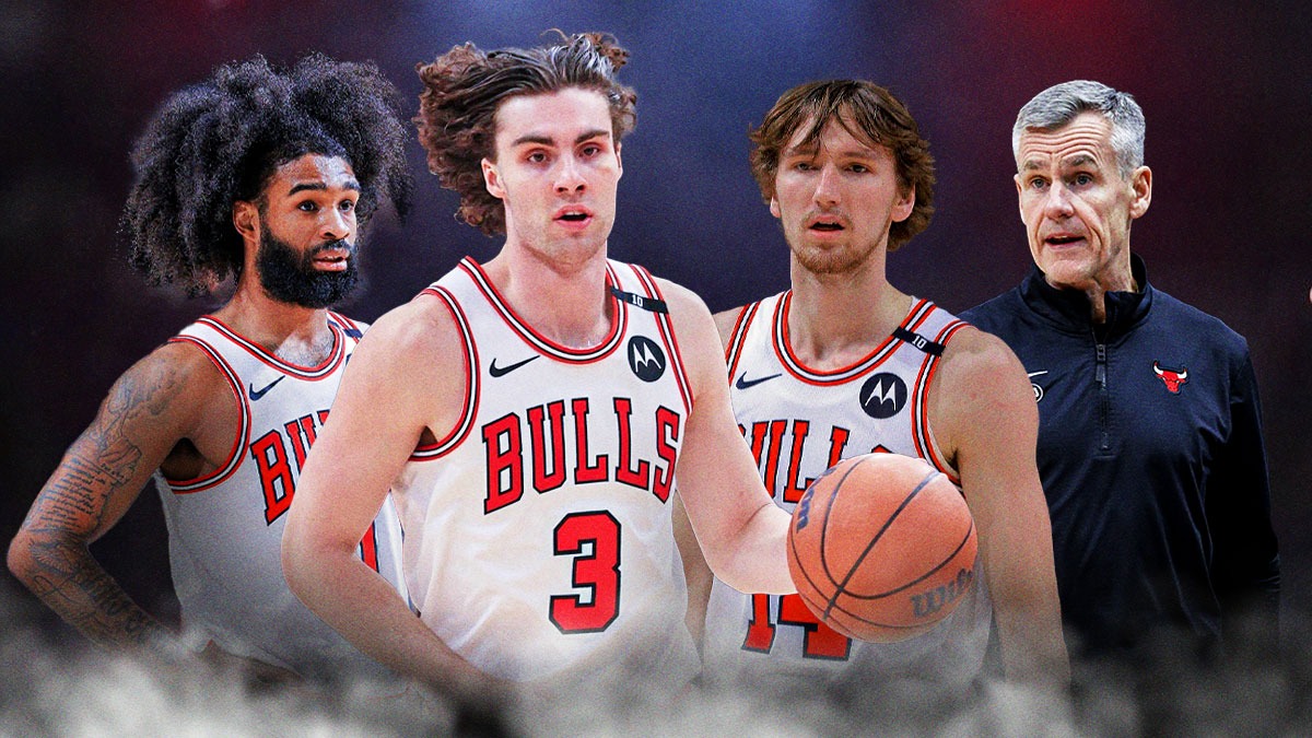 Bulls, Bulls playoffs, Bulls play-in tournament, NBA playoffs, NBA play-in tournament, Coby White, Josh Giddey, Matas Buzelis all in Bulls unis, Billy Donovan on graphic as well, Bulls arena in the background
