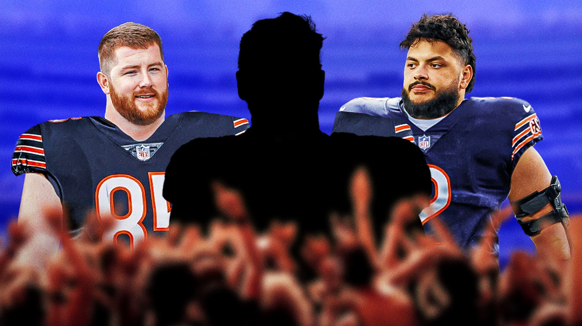 Chicago Bears offensive linemen Joe Thuney and Jonah Jackson with a silhouette of Drew Dalman
