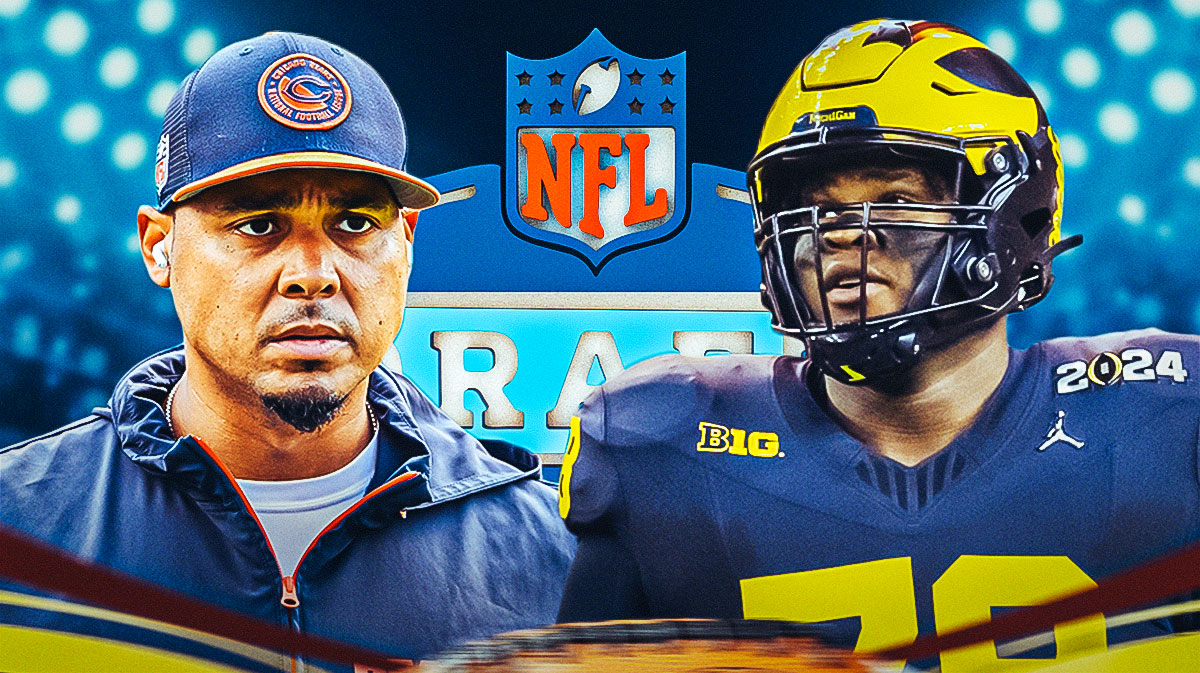 Bears Ryan Poles (center) with Michigan Kenneth Grant and Notre Dame Xavier Watts behind him. 2025 NFL Draft logo in background