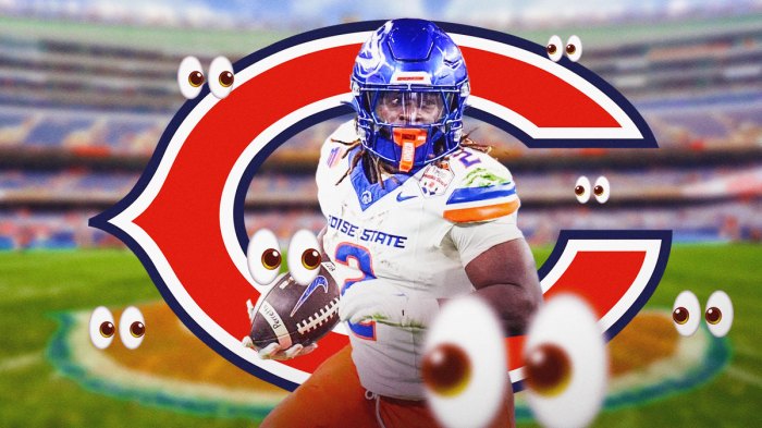 Bears logo behind Boise State RB Ashton Jeanty. Mutiple 👀 emojis in background. Background is Soldier Field.