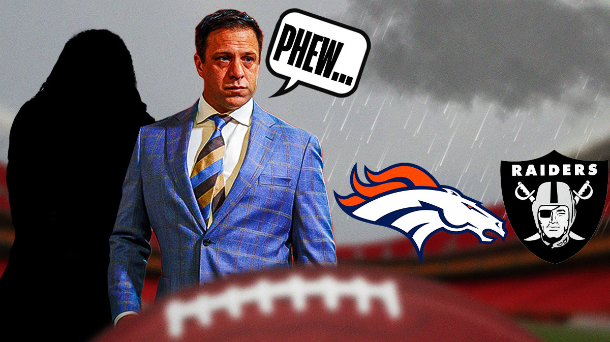 Chiefs GM Brett Veach with a speech bubble above his head saying, "Phew..." standing next to a SILHOUETTE of star linebacker Nick Bolton. Brett Veach and star linebacker Nick Bolton next to a big storm cloud raining down on Raiders and Broncos logos. Background Arrowhead Stadium.