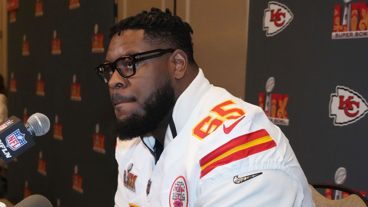 Kansas City Chiefs guard Trey Smith (65) in a press conference ahead of Super Bowl LIX at New Orleans Marriott.