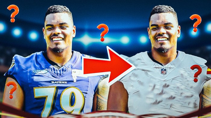 Ronnie Stanley on one side in a Baltimore Ravens jersey with an arrow pointing to Ronnie Stanley on the other side in a Kansas City Chiefs jersey, a bunch of question marks in the background