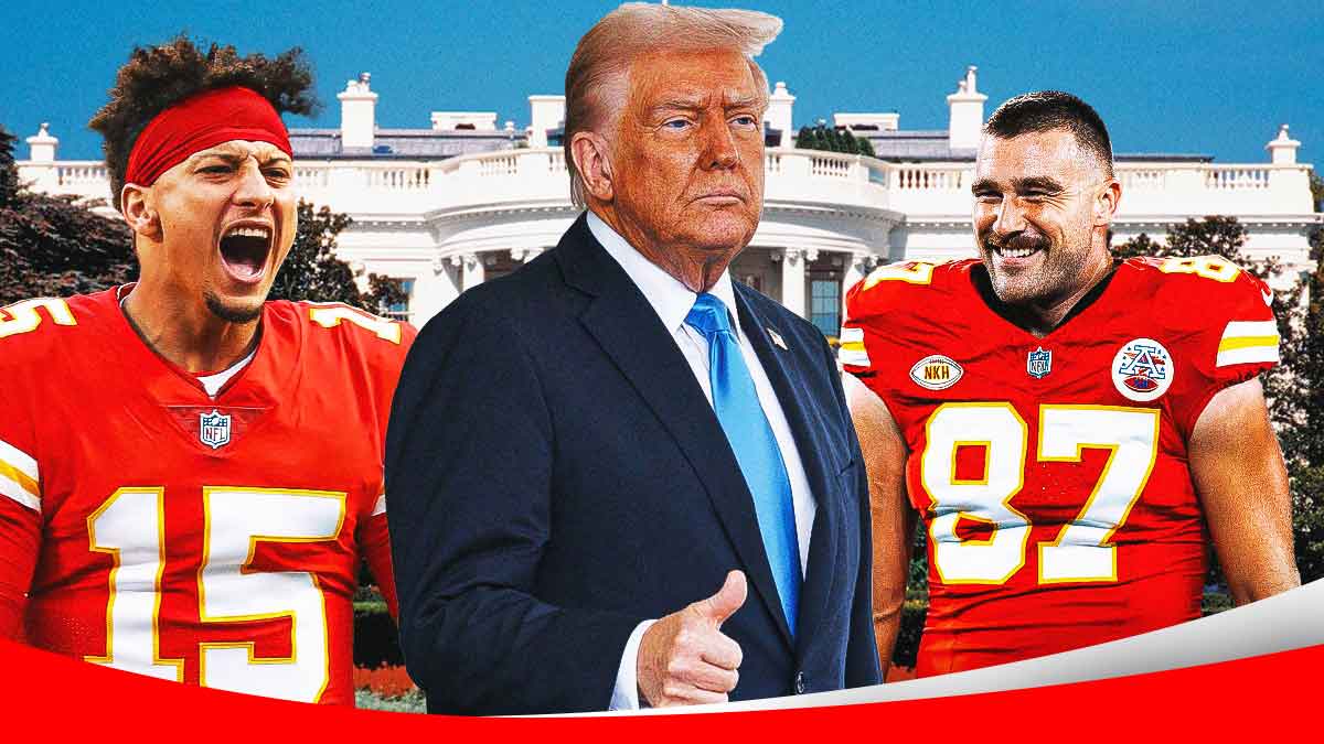 United States President Donald Trump giving a thumbs up in center, Kansas City Chiefs quarterback Patrick Mahomes on left side, Kansas City Chiefs tight end Travis Kelce on right side, the White House in background