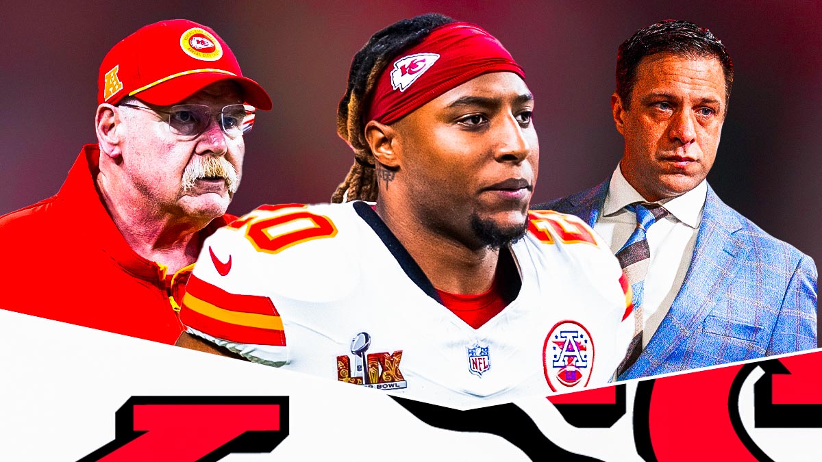 Justin Reid in a Kansas City Chiefs uniform with thinking face emojis with Chiefs coach Andy Reid and Chiefs GM Brett Veach as reid learned of the chiefs free agent plans on social media due to their salary cap issues.