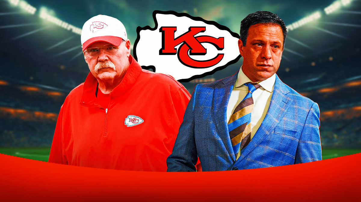 Brett Veach and Andy Reid next to Chiefs logo.