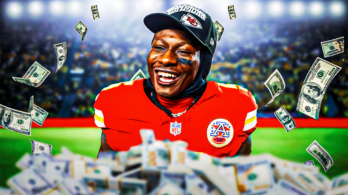 Kansas City Chiefs star Marquise Brown with a bunch of money falling around him in front of Arrowhead Stadium.
