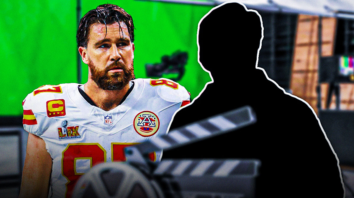 Kansas City Chiefs tight end Travis Kelce next to Henry Winkler, who praised the tight end's acting chops, with movie set background.