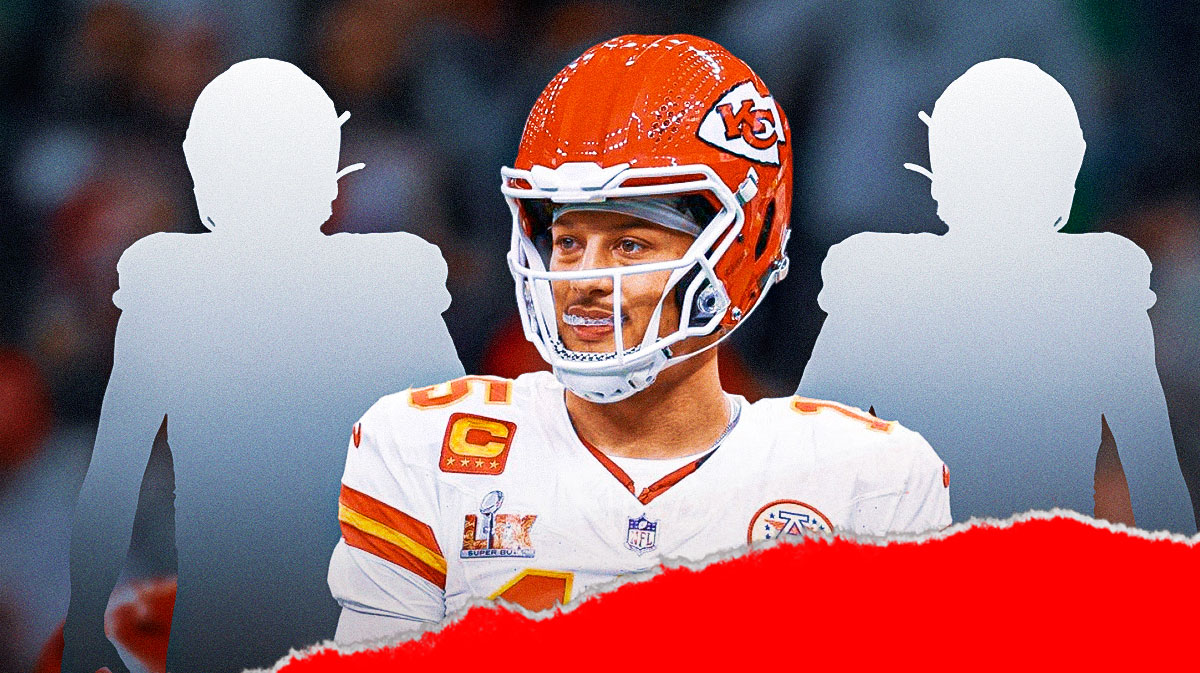 Kansas City Chiefs star Patrick Mahomes in the center with silhouettes of Jaylon Moore and Dan Moore Jr. on either side in front of Arrowhead Stadium.