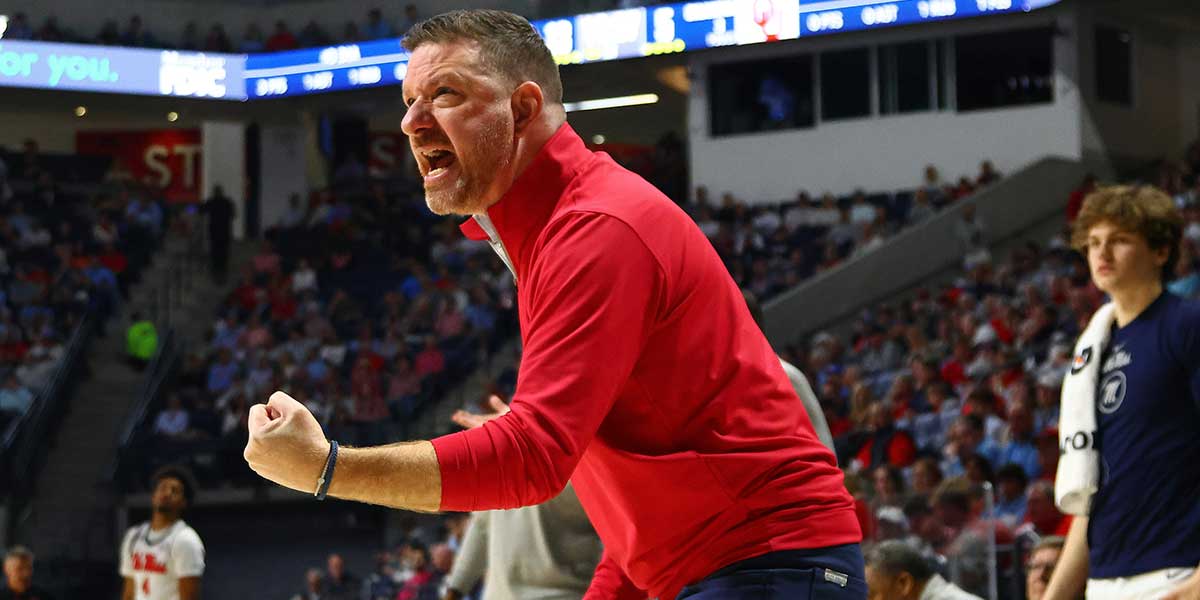 Mississippi Rebels head coach Chris Beard reacts during the first half against the Oklahoma Sooners at The Sandy and John Black Pavilion at Ole Miss.
