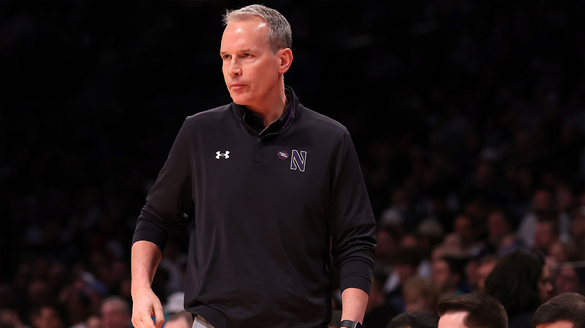 Northwestern Wildcats head coach Chris Collins against the Connecticut Huskies in the second round of the 2024 NCAA Tournament at the Barclays Center.