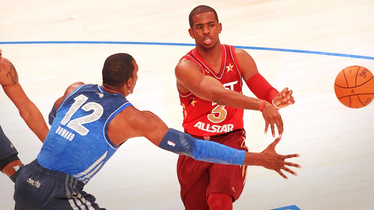 Western Conference guard Chris Paul of the Los Angeles Clippers (3) passes the ball as Eastern Conference center Dwight Howard (12) of the Orlando Magic defends during the 2012 NBA All-Star Game at the Amway Center.