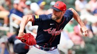 Atlanta Braves starting pitcher Chris Sale (51) throws a pitch in the first inning against the Minnesota Twins during spring training at CoolToday Park