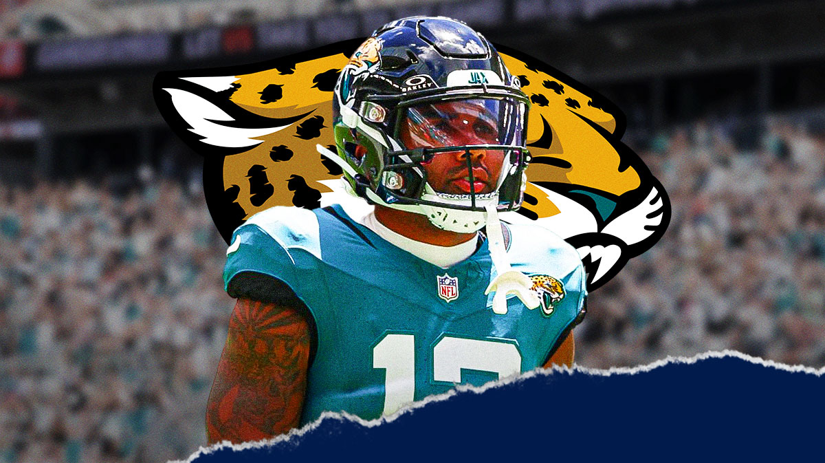 Jacksonville Jaguars WR Christian Kirk next to an open door. There is also a logo for the Jacksonville Jaguars.