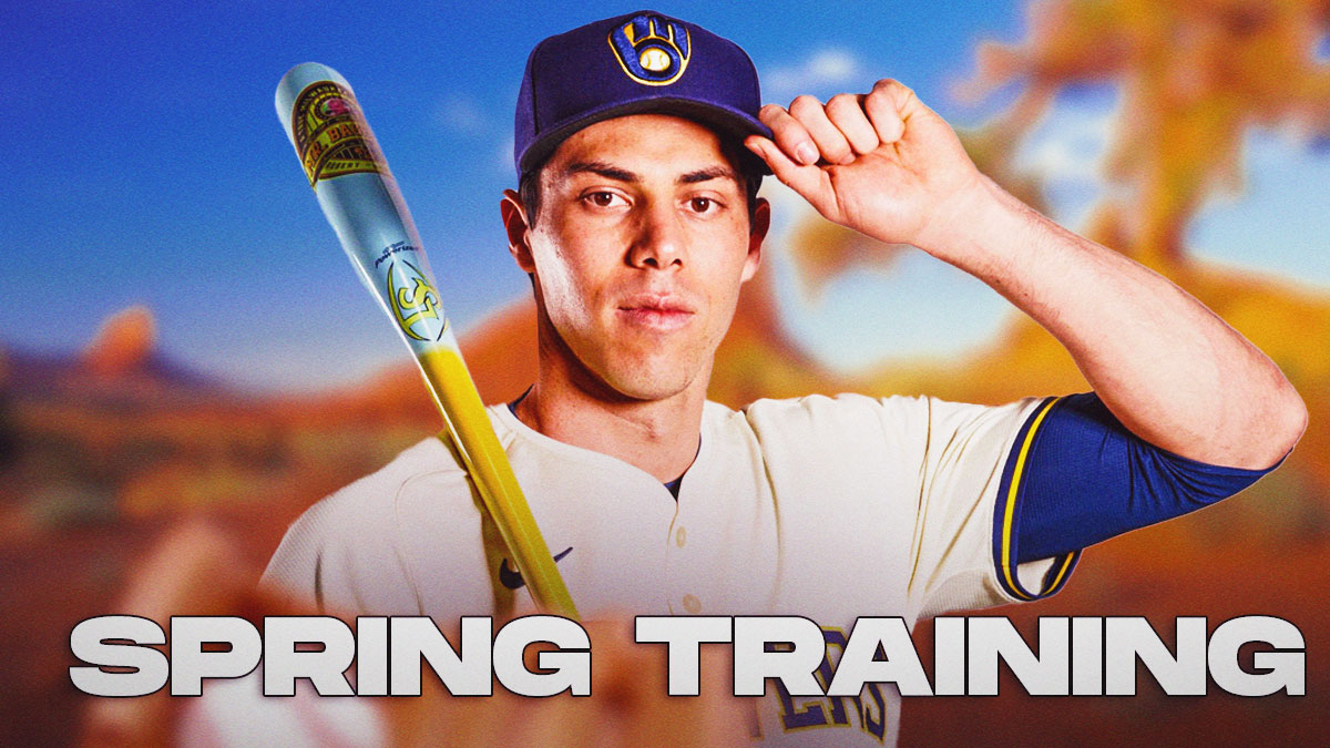 Brewers Christian Yelich in front with the Arizona desert in background. Place a sign somewhere that reads: SPRING TRAINING