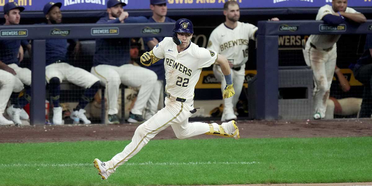 Milwaukee Brewers outfielder Christian Yelich (22) runs after hitting a single during their game against the Pittsburgh Pirates Tuesday, July 9, 2024 at American Family Field in Milwaukee, Wisconsin.