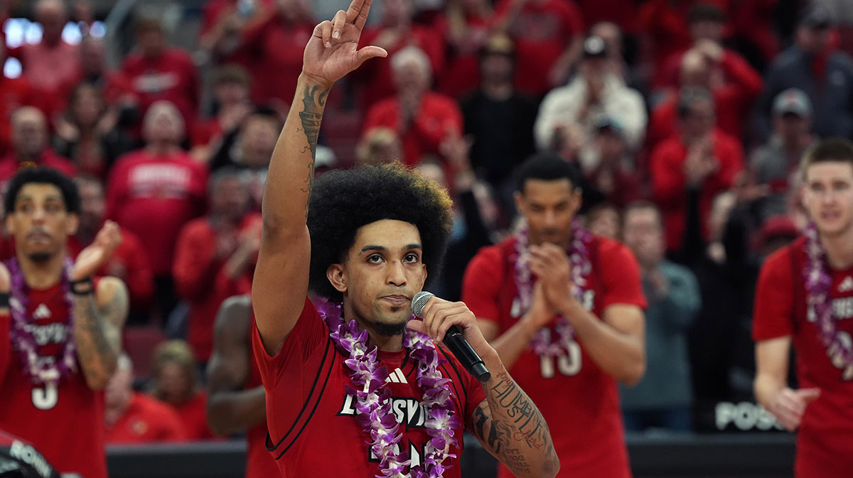 Louisville's guard Chucky Hepburn (24) got to say a few words during the senior celebration Saturday at KFC Yum! Center.