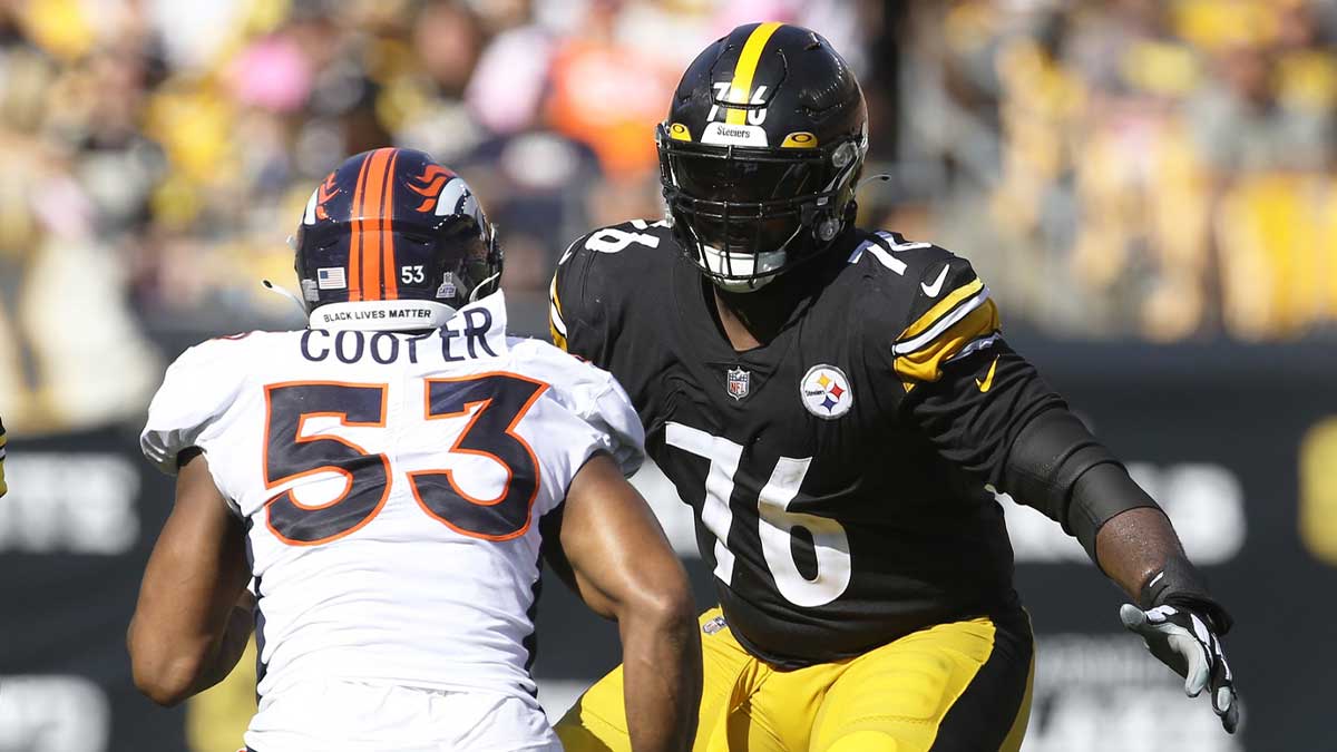 Oct 10, 2021; Pittsburgh, Pennsylvania, USA; Pittsburgh Steelers offensive tackle Chukwuma Okorafor (76) prepares to block at the line of scrimmage against Denver Broncos linebacker Jonathon Cooper (53) during the third quarter at Heinz Field.